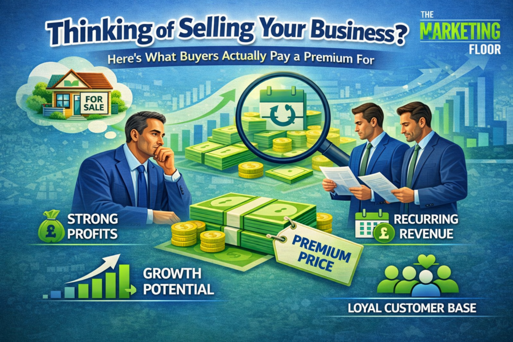 Infographic showing what buyers value when purchasing a business including strong profits, recurring revenue, growth potential, and loyal customer base