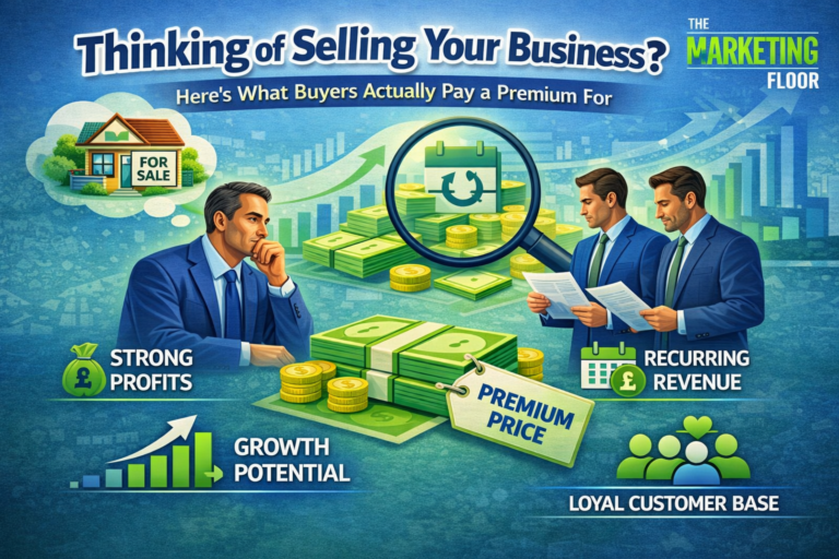 Infographic showing what buyers value when purchasing a business including strong profits, recurring revenue, growth potential, and loyal customer base